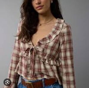 American Eagle NWT Cropped XS Plaid Ruffle Women's Top
